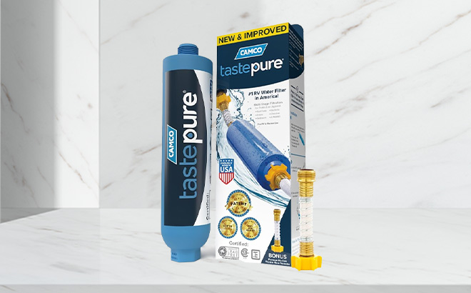Camco TastePURE RV Water Filter on the Table