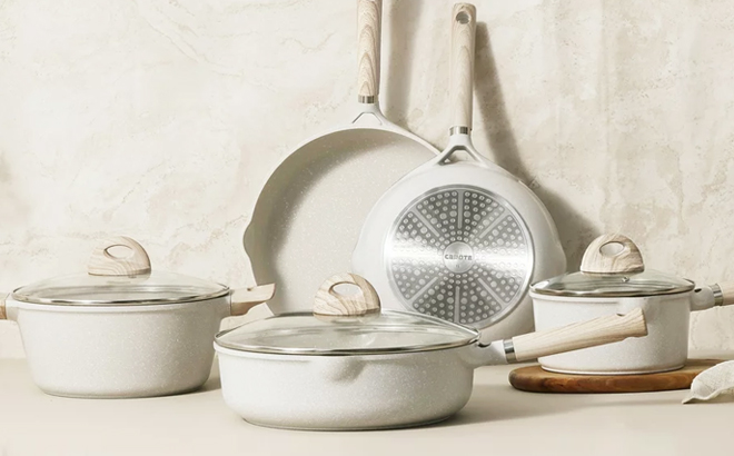 Carote Nonstick Pots and Pans 8 Piece Cookware Set in Beige Granite Color Carote Nonstick Pots and Pans 8 Piece Cookware Set in Beige Granite Color