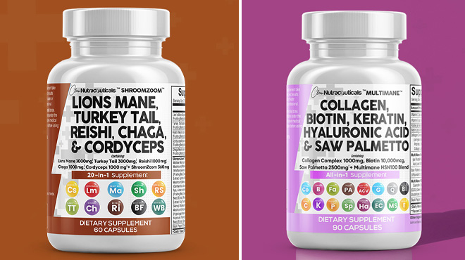Clean Nutraceuticals Supplement Bottles on Brown and Purple Background