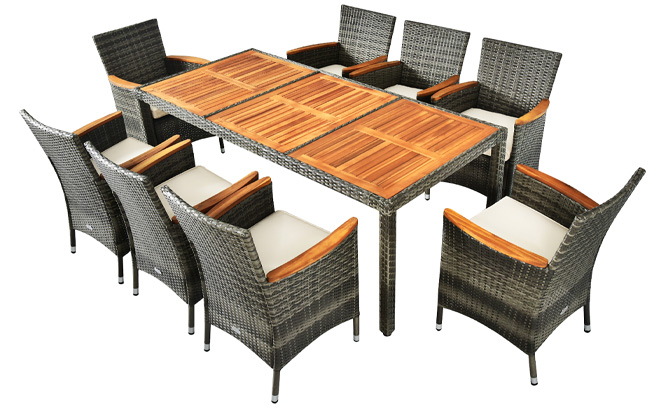 Costway Patio Rattan Dining Set Acacia Wood Table Cushioned Chair in Mix Gray Color
