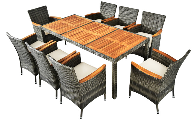 Costway Patio Rattan Dining Set Acacia Wood Table Cushioned Chair in Mix Gray Color Costway Patio Rattan Dining Set Acacia Wood Table Cushioned Chair in Mix Gray Color