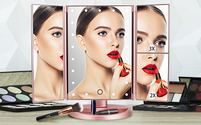 Deweisn Dresser Mount Tri Fold Lighted Vanity Mirror Deweisn Dresser Mount Tri Fold Lighted Vanity Mirror
