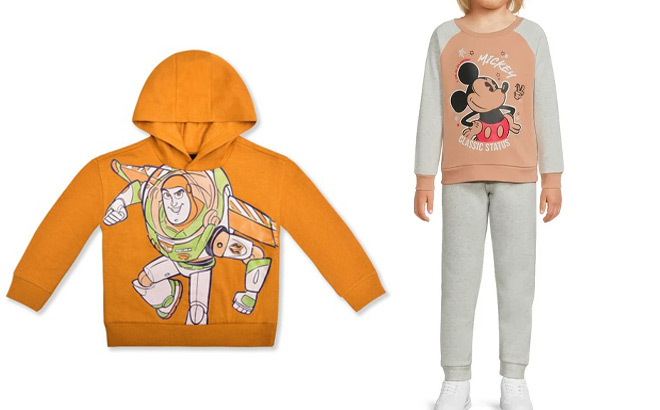Disney Toddler Buzz Lightyear Fleece Hoodie and Disney Mickey Mouse Boys Crewneck Pullover and Joggers