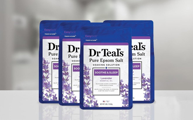 Dr Teals Pure Epsom Salt Pack of Four on the Table