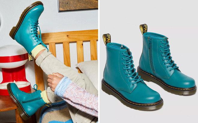 Dr Martens Junior Leather Boots in Teal Green Color