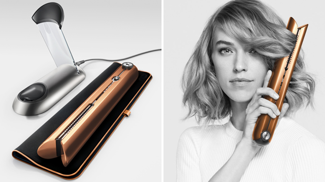 Dyson Corrale Cordless Straightener in Copper Color and a Woman Using the Item