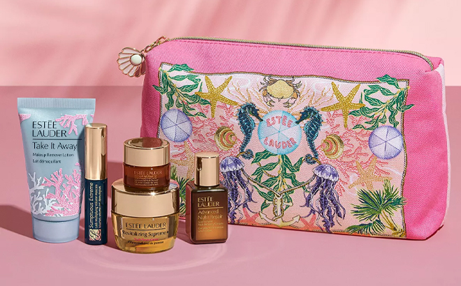 Estee Lauder Free 6 Piece Gift on a Pink Background