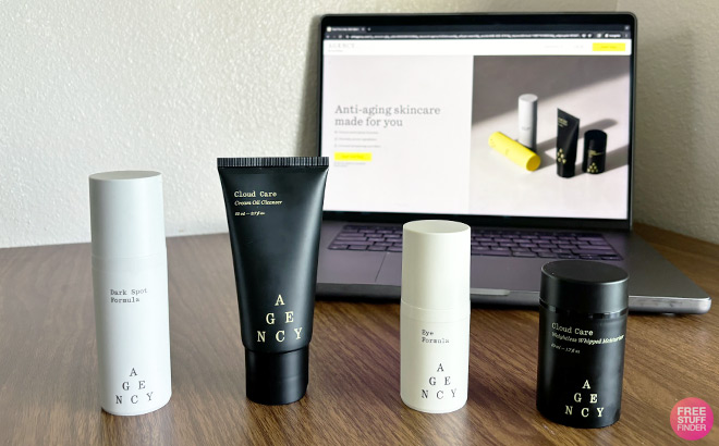 Four Agency Skincare Products on a Tabletop