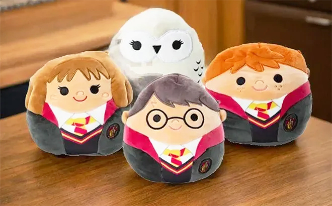 Four New Harry Potter 6 5 Inch Squishmallows on a Wooden Counter