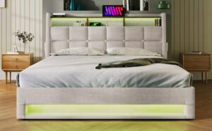 Harper Bright Designs Platform Bed with LED Lights Hydraulic Storage USB Charging and Storage