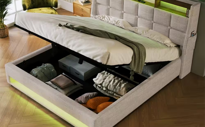 Harper Bright Designs Platform Bed with LED Lights Hydraulic Storage USB Charging and Storage Opened in a Bedroom