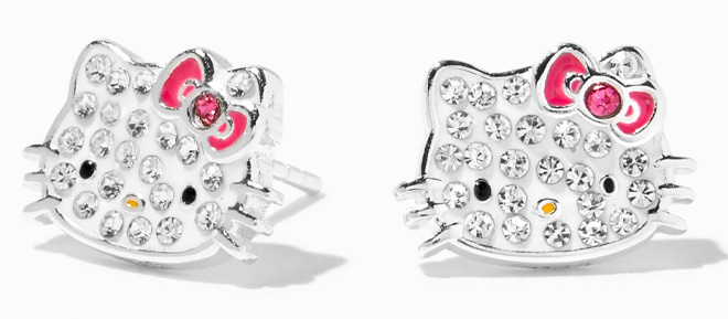 Hello Kitty Enamel Crystal Stud Earrings on Gray Background