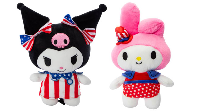 Hello Kitty Kuromi and Melody Patriotic Plushies on White Background