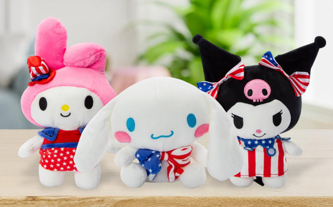 Hello Kitty Patriotic Plushies on a Table