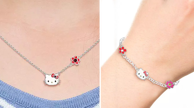 Hello Kitty Silver Plated Crystal Necklace and Bracelet