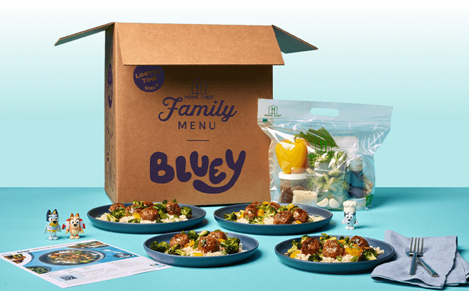 Home Chef Bluey Box next to Food on a Tabletop
