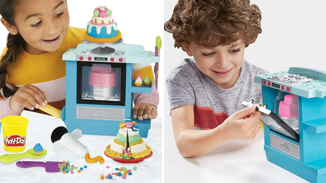 Kids Playing with Play Doh Kitchen Creations Rising Cake Oven Playset