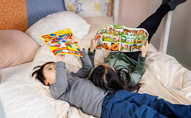 Kids Reading LEGO Magazine in Bed