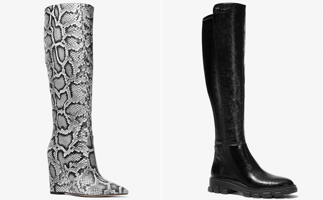 Michael Kors Isra Snake Embossed Leather Wedge Boots and Michael Kors Crackled Faux Patent Leather Boots