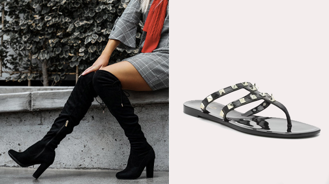Model Wearing High Boots and Studded Sandals