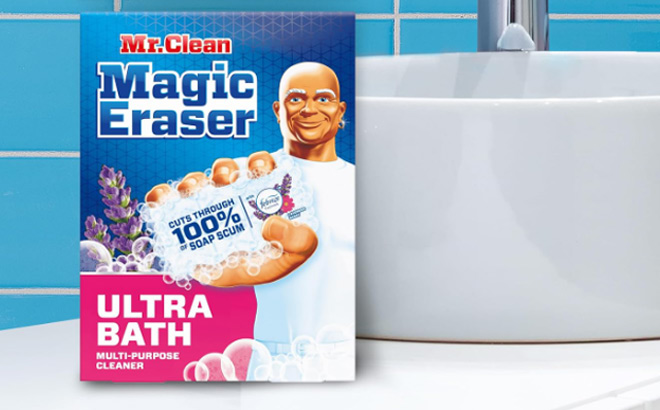 Mr Clean Magic Eraser Ultra Bath Multi Purpose Cleaner for Bathroom on the Table