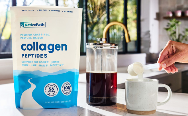 NativePath Collagen Peptides Value Size Bag on a Kitchen Countertop