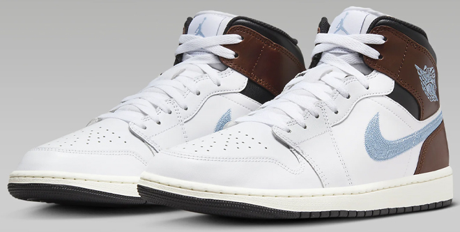 Nike Air Jordan 1 Mid SE Mens Shoes in White Brown and Blue