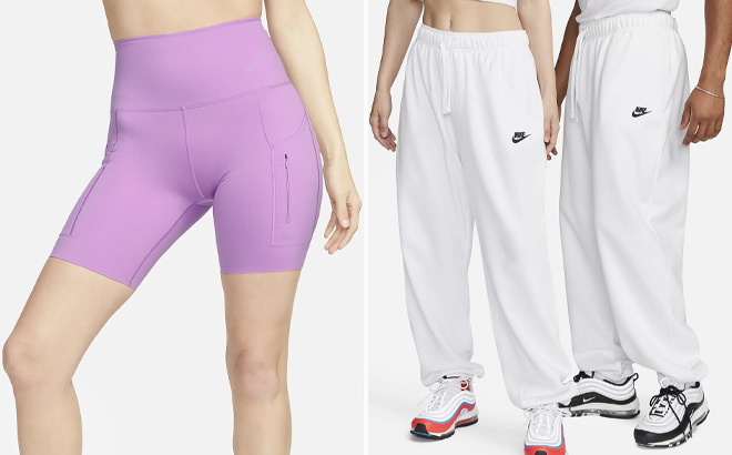 Nike Go Womens High Waisted Biker Shorts and Nike Sportswear Club Fleece Womens Mid Rise Sweatpants