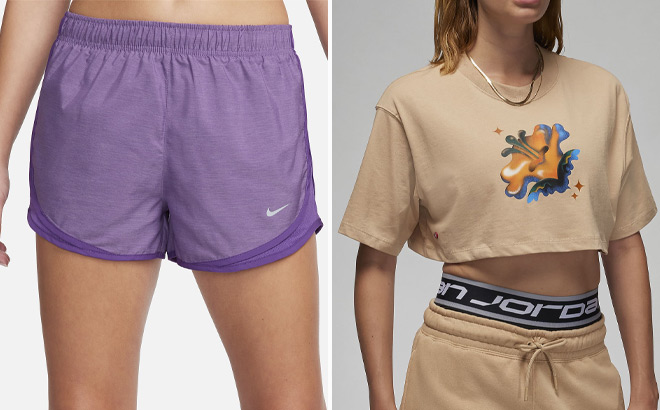 Nike Tempo Womens Brief Lined Running Shorts and Nike Jordan Womens Super Cropped Tee
