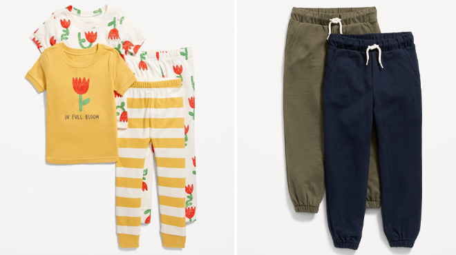 Old Navy 4 Piece Pajama Set on the Left and Old Navy Jogger Sweatpants 2 Pack on the Right