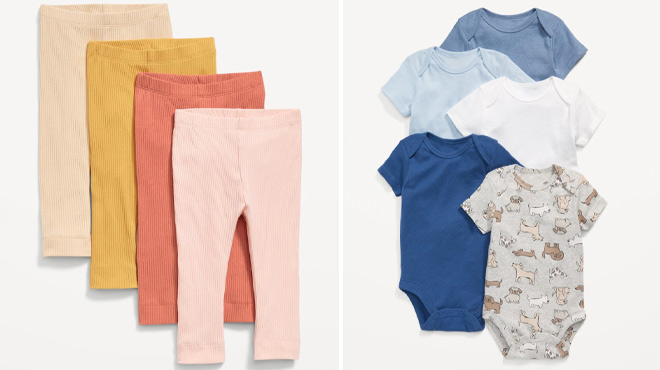 Old Navy Baby Leggings 4 Pack on the Left and Old Navy Baby Short Sleeve Bodysuit 5 Pack on the Right