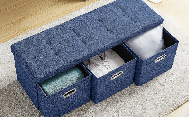 Ornavo Home Foldable Storage Long Bench Ottoman in Navy Color Ornavo Home Foldable Storage Long Bench Ottoman in Navy Color