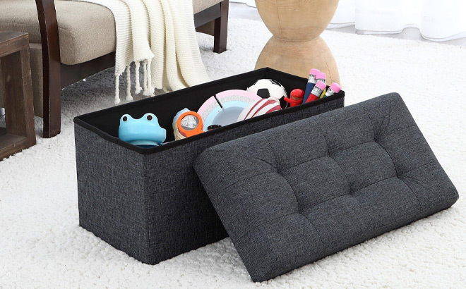 Ornavo Home Foldable Tufted Linen Storage Ottoman Bench