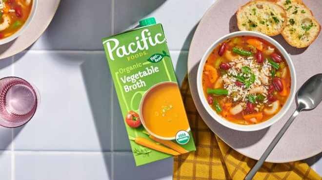 Pacific Foods Organic Vegetable Broth Beside a Plate of food