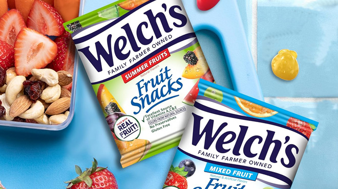 Packs of Welchs Fruit Snacks Beside a Mix of nuts and Dried Fruits in a Container