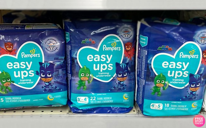 Pampers Easy Ups Training Underwear Boys Jumbo Size Packs on a Shelf