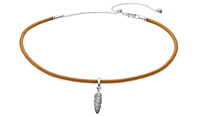 Pandora Silver Golden Tan Leather Choker with Feather Charm Necklace on White Background