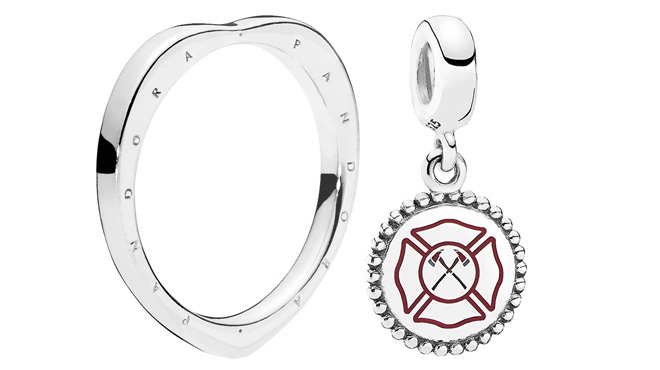 Pandora Silver Signature Arcs of Love Ring and Firefighter Dangle Charm