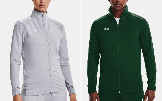 Person Wearing Under Armour Womens UA Command Warm Up Jacket on the left and a Person Wearing Under Armour Mens UA Command Warm Up Jacket on the right