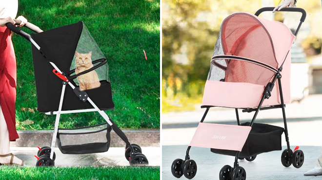 Pet Cage Travel Stroller in Black and Pink Colors
