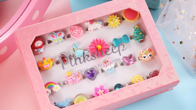 PinkSheep 24 Count Girls Jewel Rings
