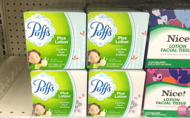 Puffs 48 Count Plus Lotion Tissues on a Shelf