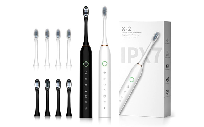 SUNPRO 2 Pack Sonic Electric Toothbrush Rechargeable 42000vpm 6 Clean Modes 2 Minute Built in Timer with 8 Brush Heads BlackWhite