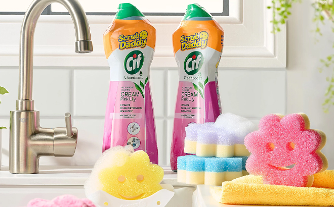Scrub Daddy Sponges & Accessories and CIF Cleaners on a Kitchen Sink Scrub Daddy Sponges & Accessories and CIF Cleaners on a Kitchen Sink
