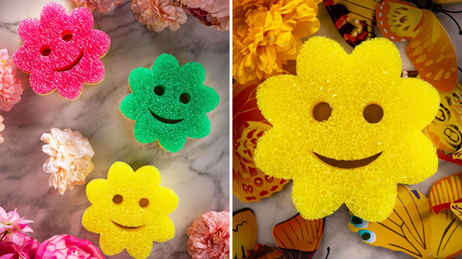 Scrub Mommy Power Flower Sponges in Pink Green and Yellow