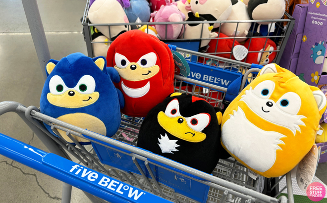 Sonic Squishmallows on a Five Below Shopping Cart
