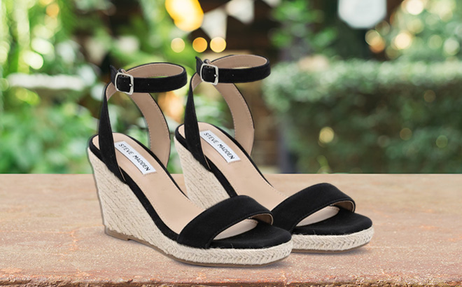 Steve Madden Parra Espadrille Wedge Sandals on Outdoor Table