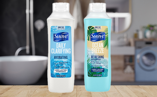 Suave Shampoo and Conditioner on a Bathroom Counter