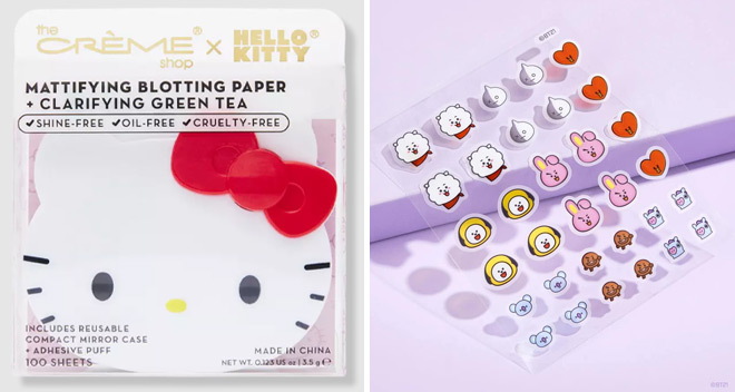 The Creme Hello Kitty Mattifying Blotting Paper Reusable Mirror Compact and The Creme Shop BT21 Brilliant Skin Hydrocolloid Acne Patches