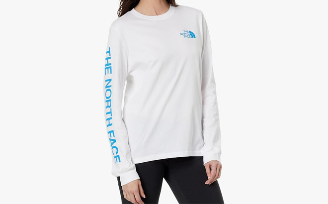 The North Face Long Sleeve Hit Graphic Tee in TNF White and Optic Blue
